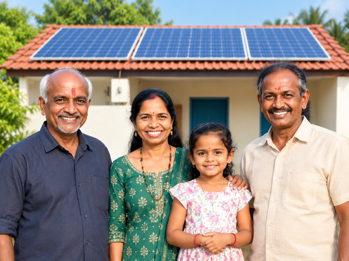 Happy family outside their solar-powered home